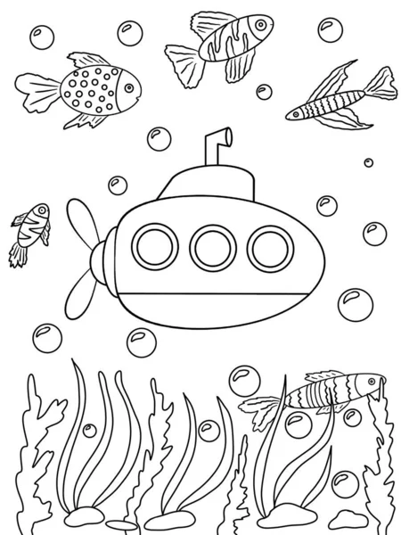 Underwater world and submarine. Coloring book