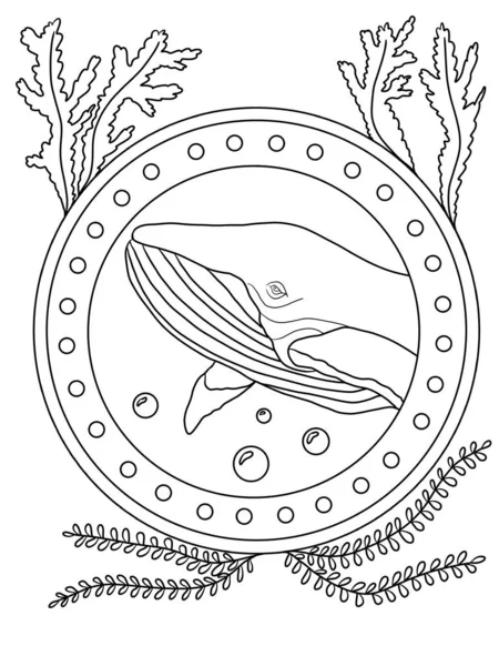 Whale in the ocean through porthole . Coloring book