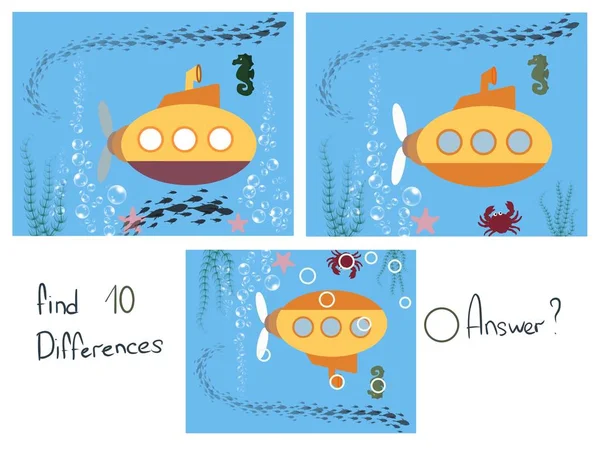 Find the differences. Find 10 differences. Underwater world and submarine
