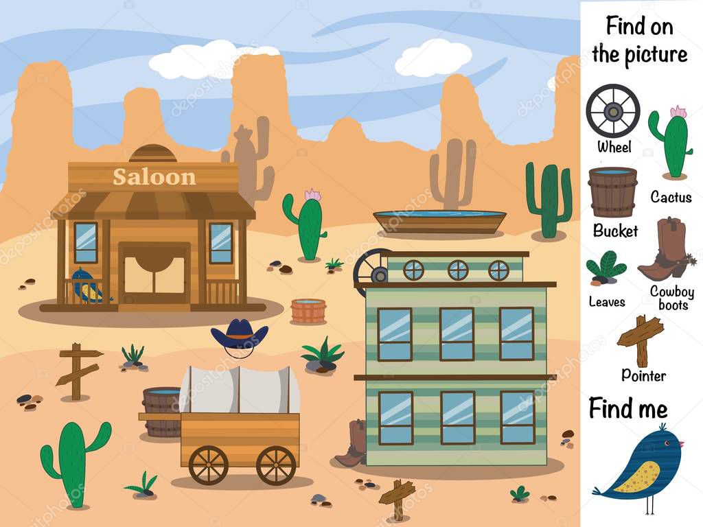 Find objects in the picture. Find the differences. Find and show. Logical game. Wild West 