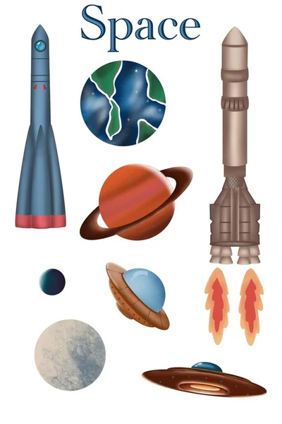 Conjunto Espaço Foguetes Planetas — Fotografia de Stock
