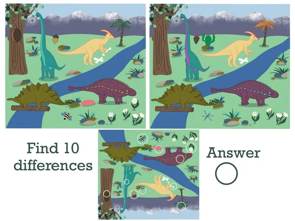 Найти Различия Логическая Игра Динозавры — стоковое фото
