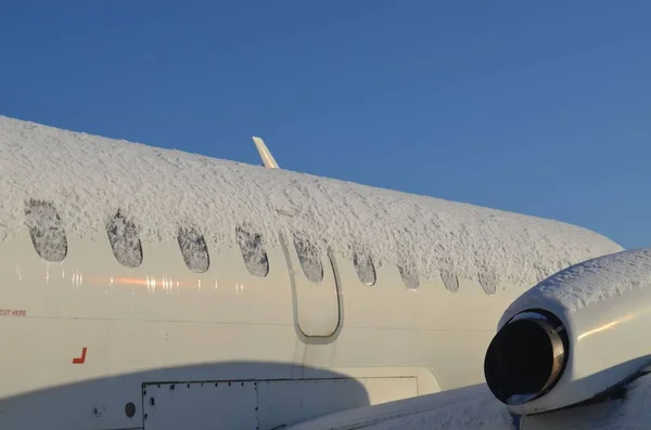 A large passenger plane is completely covered with snow from above.A blizzard has recently passed.