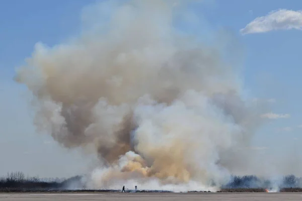 Zien Een Enorme Brand Steppe Die Twee Mensen Begonnen Blussen Stockfoto