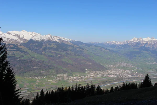 Légi Kilátás Liechtenstein Felső Rajna Völgy Alpspitz Csúcs Gaflei Faluban — Stock Fotó