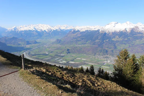 Légi Kilátás Liechtenstein Felső Rajna Völgy Alpspitz Csúcs Gaflei Faluban — Stock Fotó