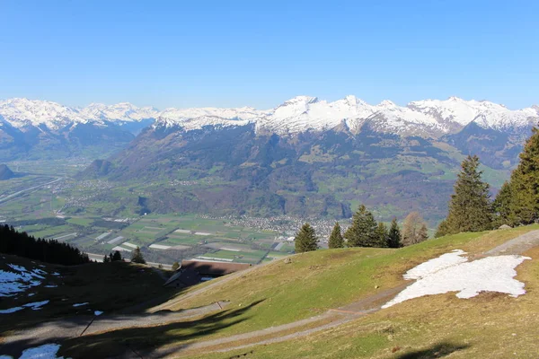 Letecký Pohled Lichtenštejnsko Údolí Horního Rýna Pořízený Vrcholu Alpspitz Vesnici — Stock fotografie