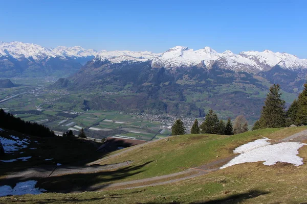 Légi Kilátás Liechtenstein Felső Rajna Völgy Alpspitz Csúcs Gaflei Faluban — Stock Fotó