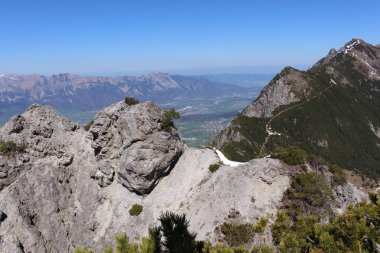 Lihtenştayn Prensliği 'nin Triesenberg belediyesine bağlı Gaflei köyündeki Alpspitz tepesinden ormanlı karlı Alp dağlarının manzarası.