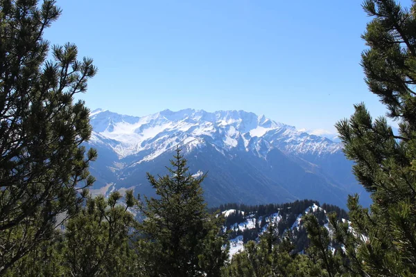 Paisaje Las Montañas Nevadas Los Alpes Con Bosques Tomado Del —  Fotos de Stock