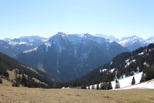 Paysage Des Montagnes Enneigées Des Alpes Avec Des Forêts Prises — Photo