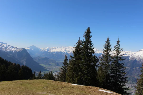 Paisaje Las Montañas Nevadas Los Alpes Con Bosques Tomado Del —  Fotos de Stock