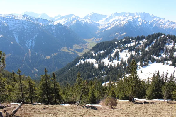 Tájkép Havas Alpok Hegyek Erdők Vett Alpspitz Csúcs Gaflei Falu — Stock Fotó