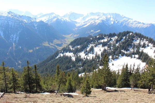 Пейзаж Снежных Гор Альпы Лесами Взятых Пика Альпшпиц Деревне Гафлей — стоковое фото