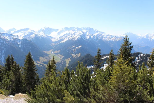 Landschap Van Besneeuwde Alpenbergen Met Bossen Genomen Vanaf Alpspitz Piek — Stockfoto