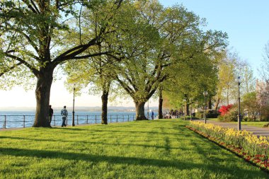 Bregenz, Vorarlberg, Avusturya - 20 Nisan 2016: İnsanlar gün batımında Constance Gölü (Bodensee) kıyısındaki Strandweg caddesinde geziniyorlar.
