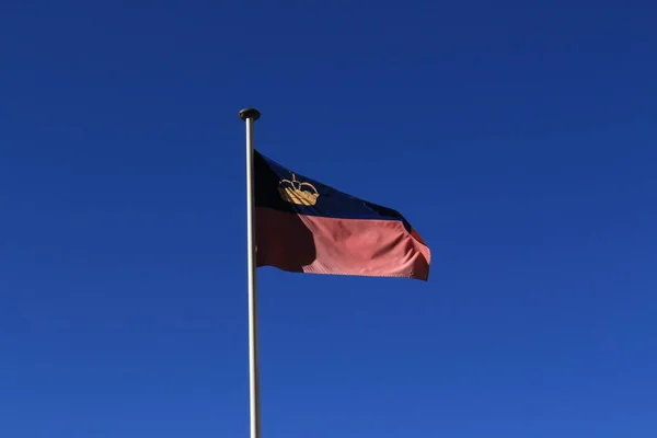 Real Liechtenstein National Flag Fluttering Flag Pole Wind Isolated Real — Stock Photo, Image