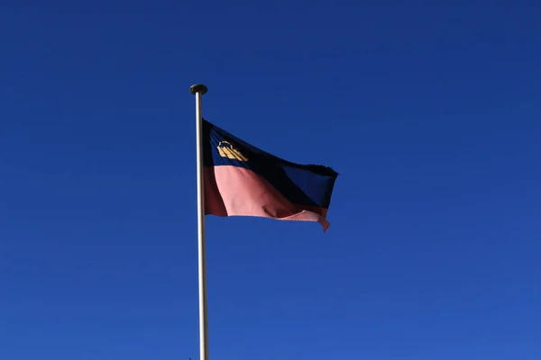 Real Liechtenstein National Flag Fluttering Flag Pole Wind Isolated Real — Stock Photo, Image