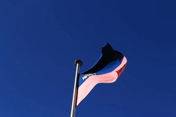Настоящий Национальный Флаг Лихтенштейна Развевающийся Флагштоке Ветру Изолированный Фоне Настоящего — стоковое фото