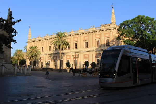 Seville Andalusia Spain July 2017 Metrocentro Tram Passes Constitucion Street — Stock Photo, Image