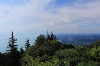 Aerial view of Lake Constance (Bodensee) from Pfaender Mountain in Bregenz, Vorarlberg, Austria.