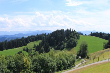 Beautiful green Alp mountains and hills from Pfaender Mountain in Bregenz, Vorarlberg, Austria.