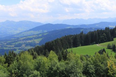 Beautiful green Alp mountains and hills from Pfaender Mountain in Bregenz, Vorarlberg, Austria.