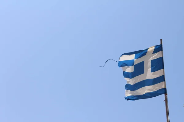 Tattered Torn Greek National Flag Fluttering Wind Clear Blue Sky — 图库照片