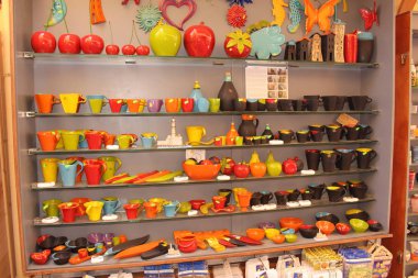 CHANIA, CRETE ISLAND, GREECE - JULY 26, 2016: A souvenir shop selling collection of special pottery products at Portoy Fr street. 