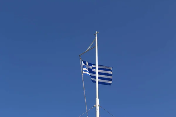 Swaying Greece National Flag Flagpole Background Blue Sky Firkas Fortress — Stockfoto