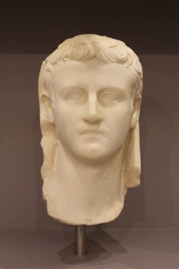 HERAKLION, CRETE, GREECE - AUGUST 1, 2016: Marble portrait of the emperor Caligula (Gaius Julius Caesar Augustus Germanicus), belongs to Roman Period 1th cent AD at the Heraklion Archaeological Museum.