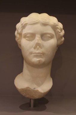 HERAKLION, CRETE, GREECE - AUGUST 1, 2016: Marble female portrait of a family member (Antonia Minore or Livia) of emperor Augustus, of Roman Period 1th cent AD at the Heraklion Archaeological Museum.