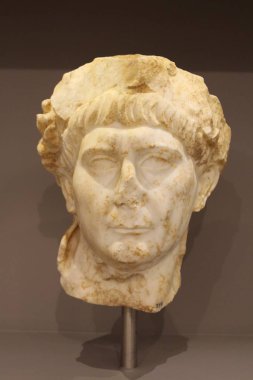 HERAKLION, CRETE, GREECE - AUGUST 1, 2016: Marble portrait of emperor Traian (Marcus Ulpius Nerva Trajanus), belongs to the Roman Period 2nd cent. AD at the Heraklion Archaeological Museum.