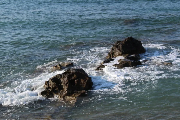 Mediterranean Sea Waves Splashing Rocks Foam Chania Crete Island Greece — Stock Photo, Image