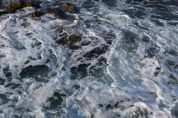 Mediterranean Sea Waves Splashing Rocks Foam Chania Crete Island Greece — Stockfoto