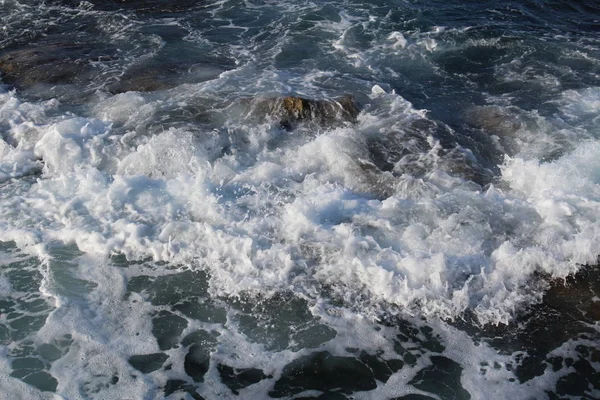 Mediterranean Sea Waves Splashing Rocks Foam Chania Crete Island Greece — Stockfoto