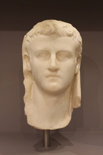 HERAKLION, CRETE, GREECE - AUGUST 1, 2016: Marble portrait of the emperor Caligula (Gaius Julius Caesar Augustus Germanicus), belongs to Roman Period 1th cent AD at the Heraklion Archaeological Museum.