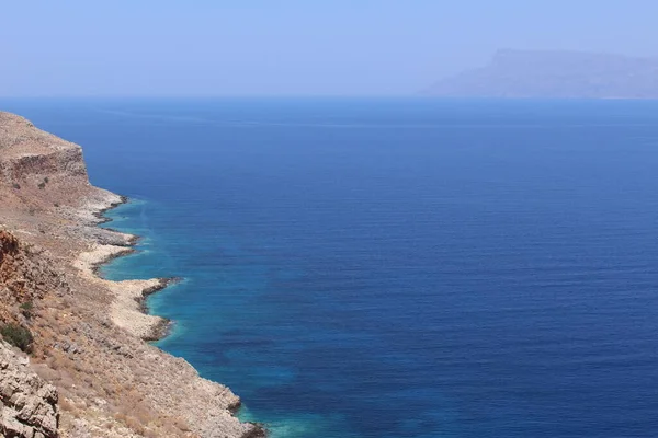 Blaues Mittelmeer Und Halbinsel Rodopos Aufgenommen Von Der Halbinsel Balos — Stockfoto