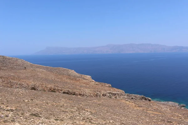 Blaues Mittelmeer Und Halbinsel Rodopos Aufgenommen Von Der Halbinsel Balos — Stockfoto