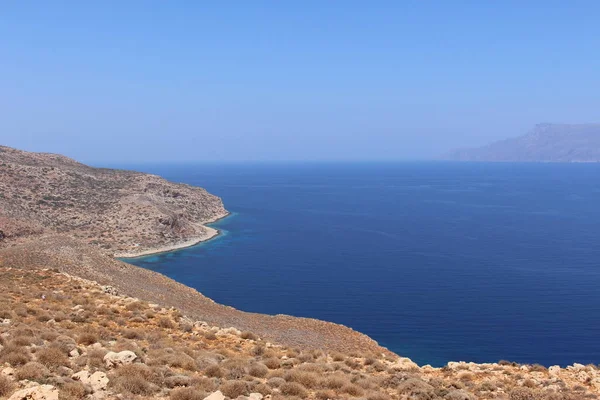 Blaues Mittelmeer Und Halbinsel Rodopos Aufgenommen Von Der Halbinsel Balos — Stockfoto