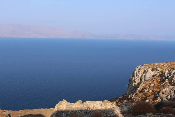 Mar Mediterraneo Blu Penisola Rodopos Tratti Dalla Penisola Balos Vicino — Foto Stock