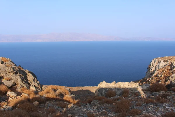 Blaues Mittelmeer Und Halbinsel Rodopos Aufgenommen Von Der Halbinsel Balos — Stockfoto