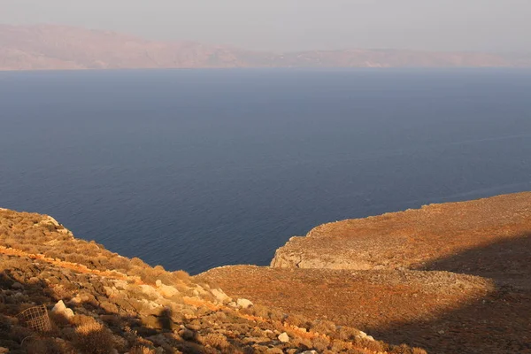 Blue Mediterranean Sea and Rodopos peninsula, taken from the Balos peninsula, near Kissamos in Chania prefecture, Crete Island, Greece.