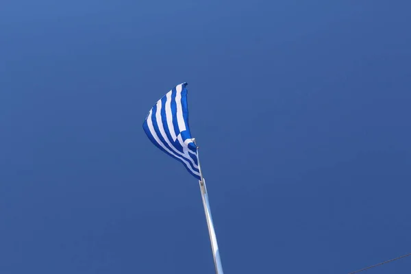 Swaying Greece National Flag Flagpole Background Blue Sky Firkas Fortress — Stock Photo, Image