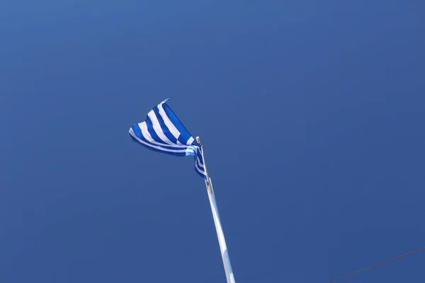 Swaying Greece National Flag Flagpole Background Blue Sky Firkas Fortress — 图库照片
