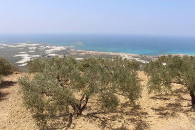 Yunanistan'da Girit adasının batı kesiminde tepenin tepesinden alınan güzel Akdeniz ve Falassarna Plajı panoramik görünümü.