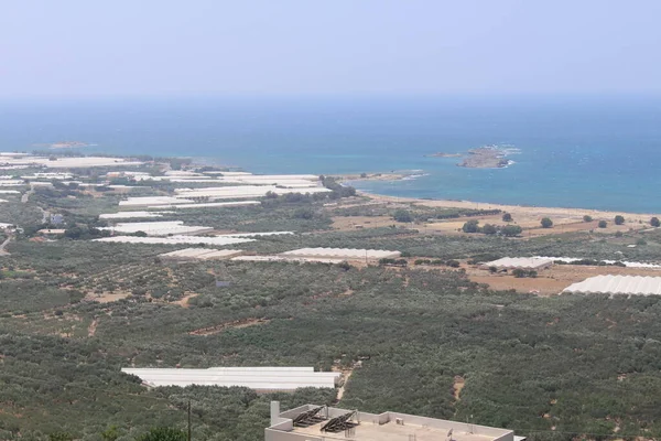 Panoramiczny Widok Piękne Morze Śródziemne Falassarna Beach Zaczerpany Góry Wzgórza — Zdjęcie stockowe