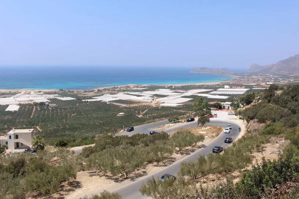 Panoramiczny Widok Piękne Morze Śródziemne Falassarna Beach Zaczerpany Góry Wzgórza — Zdjęcie stockowe