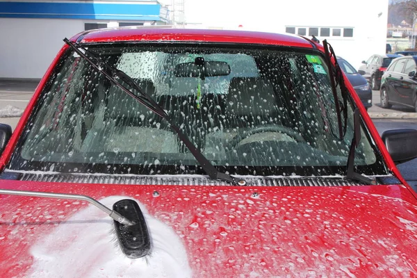 Red Car Washed Soapy Brush Coin Operated Car Jet Wash — Stock Photo, Image