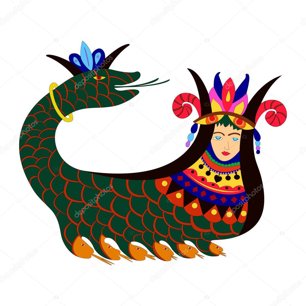 The mythical creature Shahmaran (or Shah Maran - half woman and half snake) in bright colors. It is widely known in Iran, southeastern Anatolia and Iraq - Eps10 vector graphics and illustration